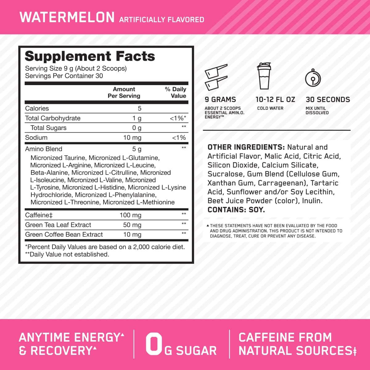 Amino Energy Pre-Workout Powder with Green Tea, BCAA, Amino Acids, Green Coffee Extract - Watermelon Flavor, 30 Servings - Keto Friendly