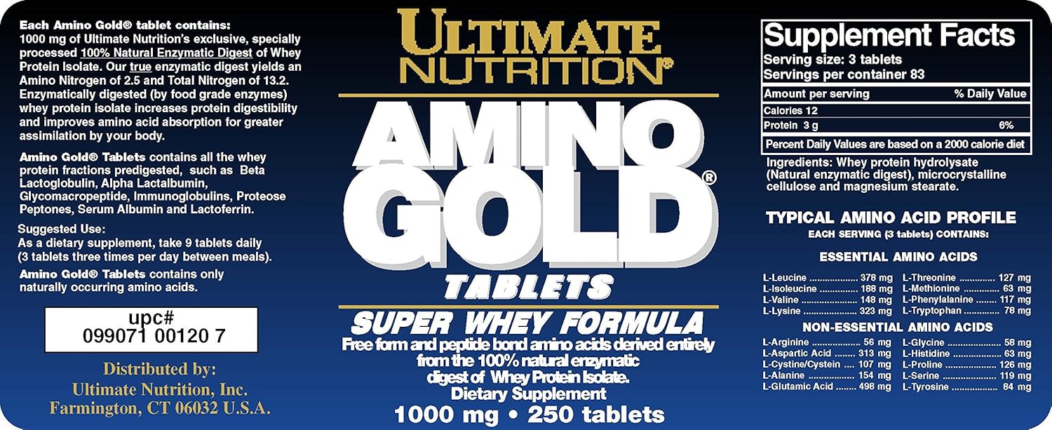 Amino Gold Tablets: Branch Chain Amino Acids for Muscle Building and Recovery, with Whey Protein Isolate - 250 Tablets