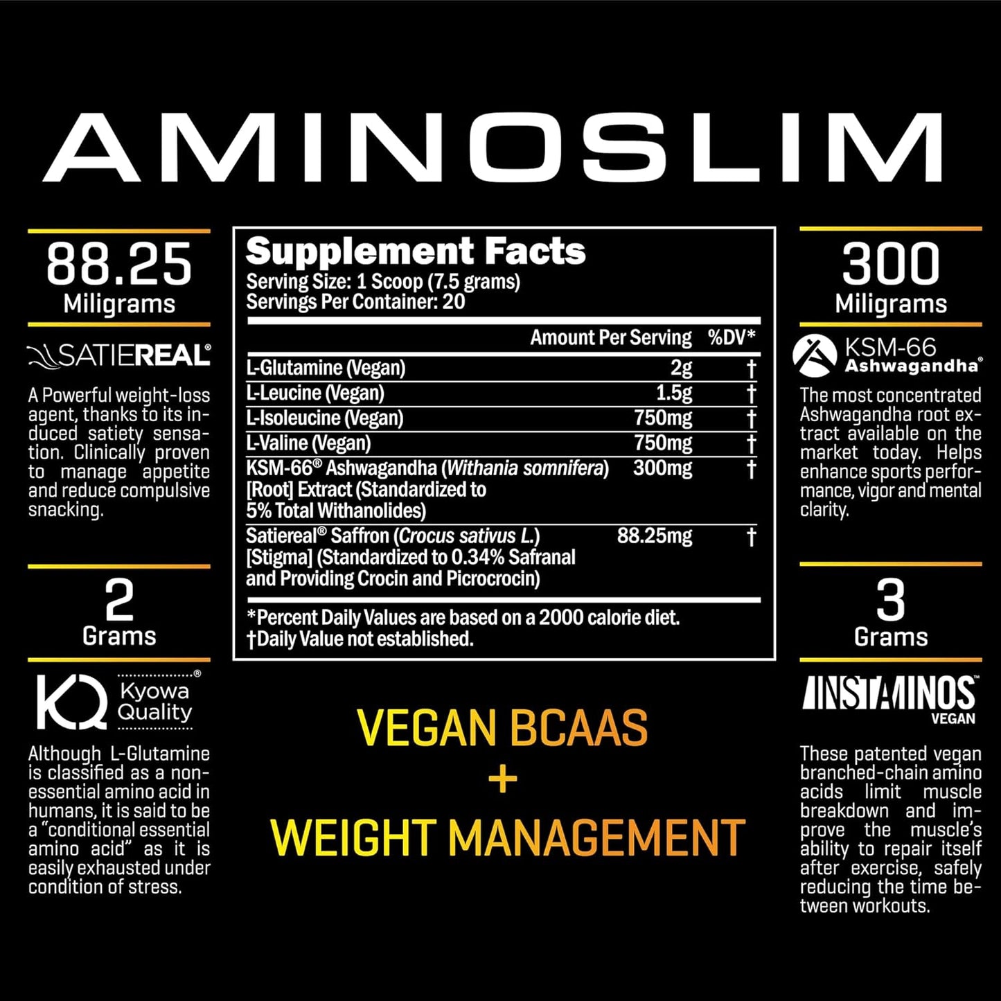 Amino Slim by RAW Synergies - Vegan BCAA Weight Loss Drink for Women with L-Glutamine, Post Workout Recovery, Fat Burning, Appetite Suppressant, Metabolism Booster & Stress Relief