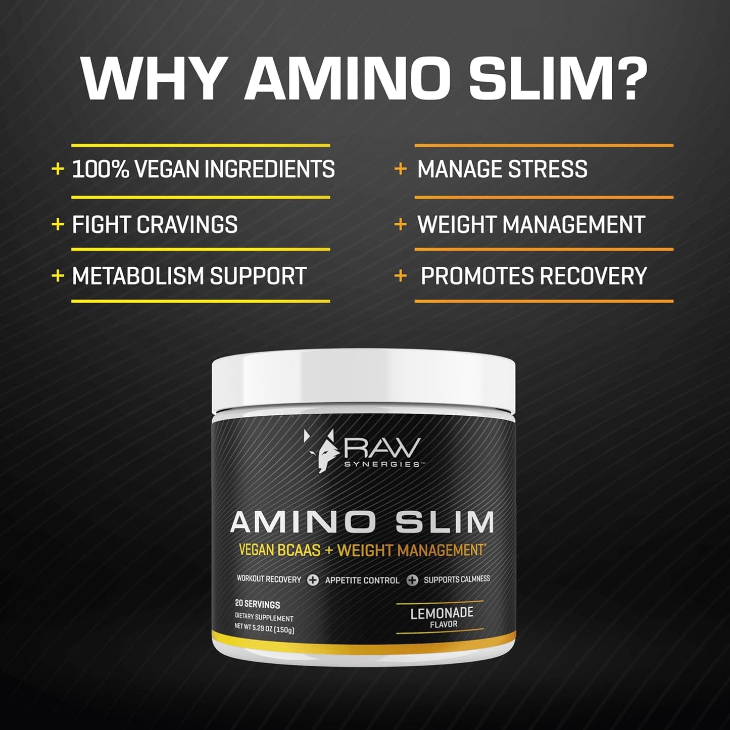 Amino Slim by RAW Synergies - Vegan BCAA Weight Loss Drink for Women with L-Glutamine, Post Workout Recovery, Fat Burning, Appetite Suppressant, Metabolism Booster & Stress Relief