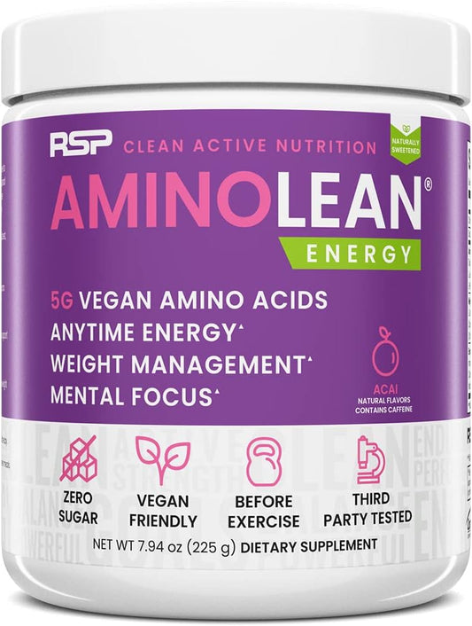 AminoLean Natural Pre Workout Powder - Vegan BCAAs for Weight Management - Acai Flavor - 25 Servings