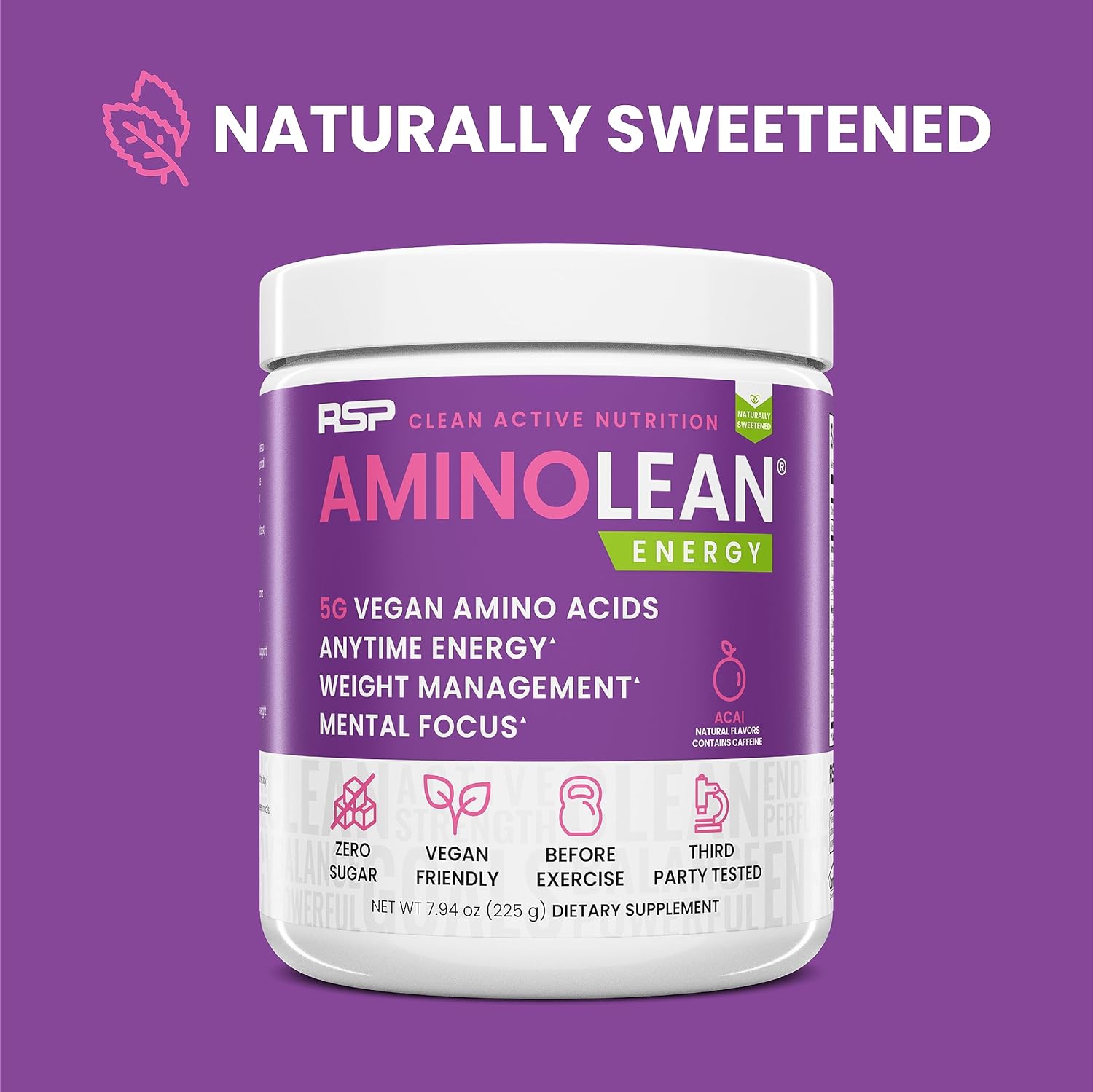 AminoLean Natural Pre Workout Powder - Vegan BCAAs for Weight Management - Acai Flavor - 25 Servings