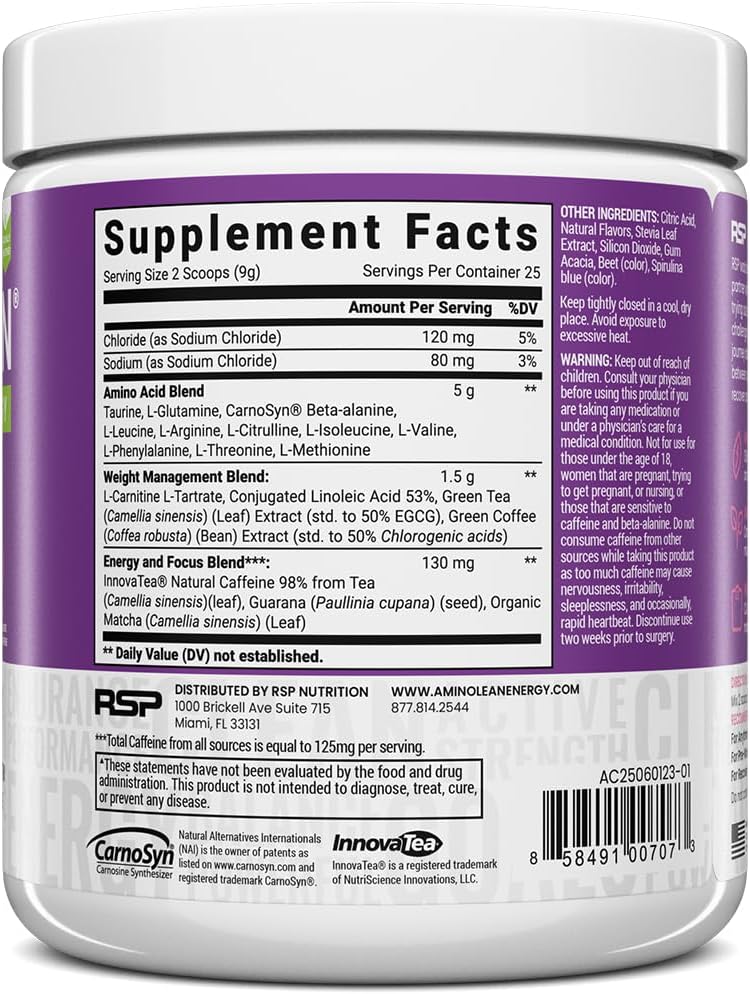 AminoLean Natural Pre Workout Powder - Vegan BCAAs for Weight Management - Acai Flavor - 25 Servings