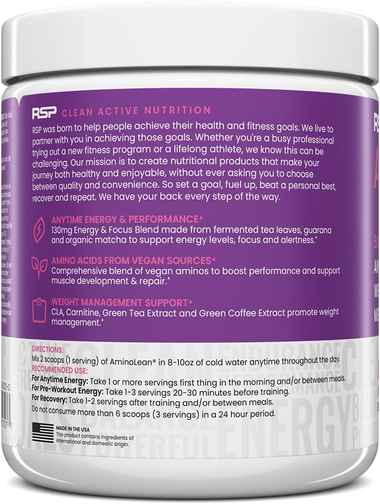 AminoLean Natural Pre Workout Powder - Vegan BCAAs for Weight Management - Acai Flavor - 25 Servings