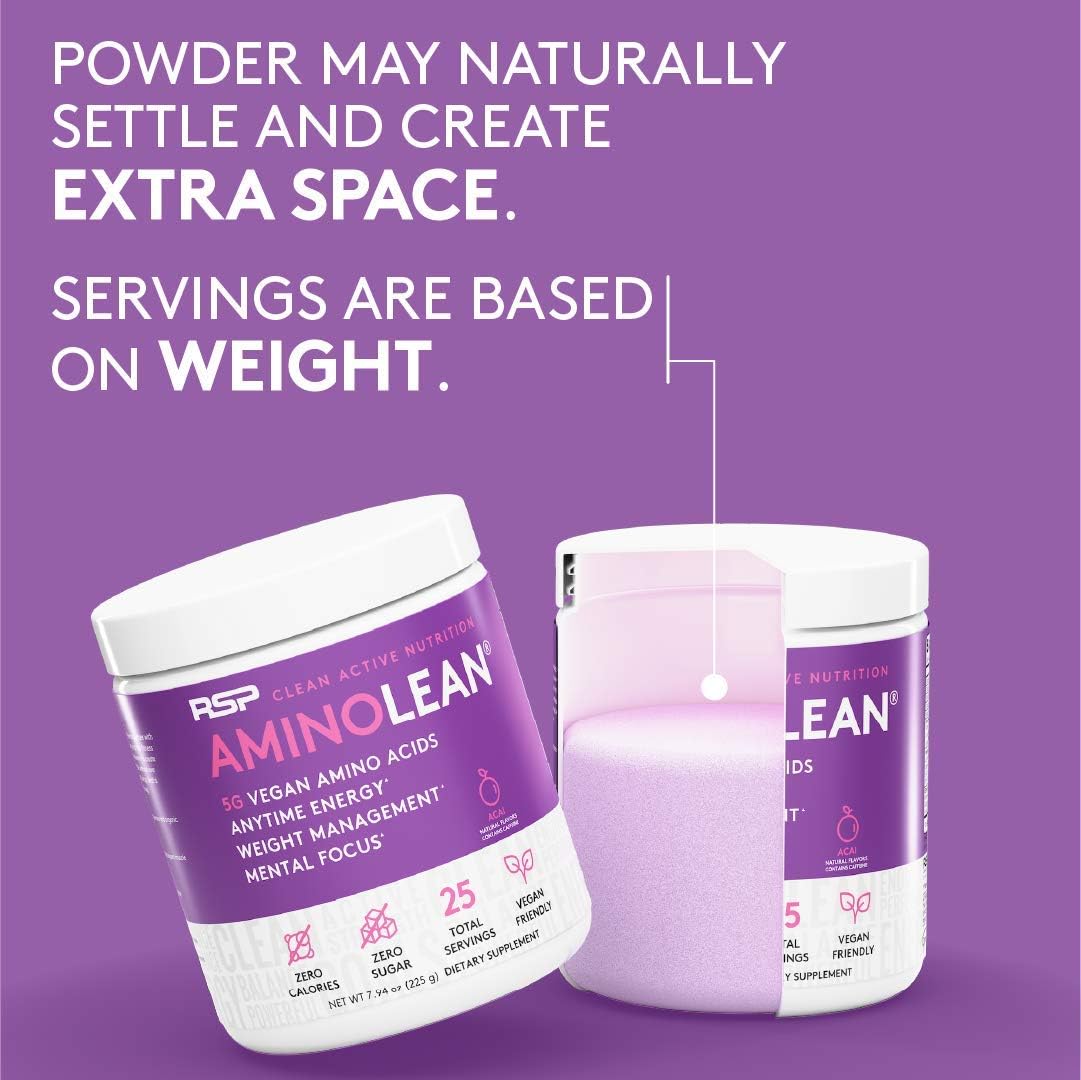 AminoLean Natural Pre Workout Powder - Vegan BCAAs for Weight Management - Acai Flavor - 25 Servings