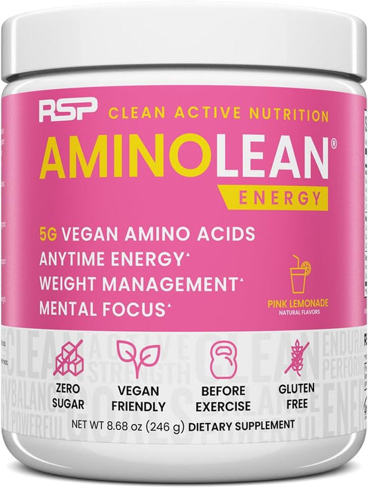 AminoLean Pre Workout Powder for Energy & Weight Management - Vegan BCAA Amino Acids, Natural Caffeine - Preworkout Boost for Men & Women - Pink Lemonade, 30 Servings