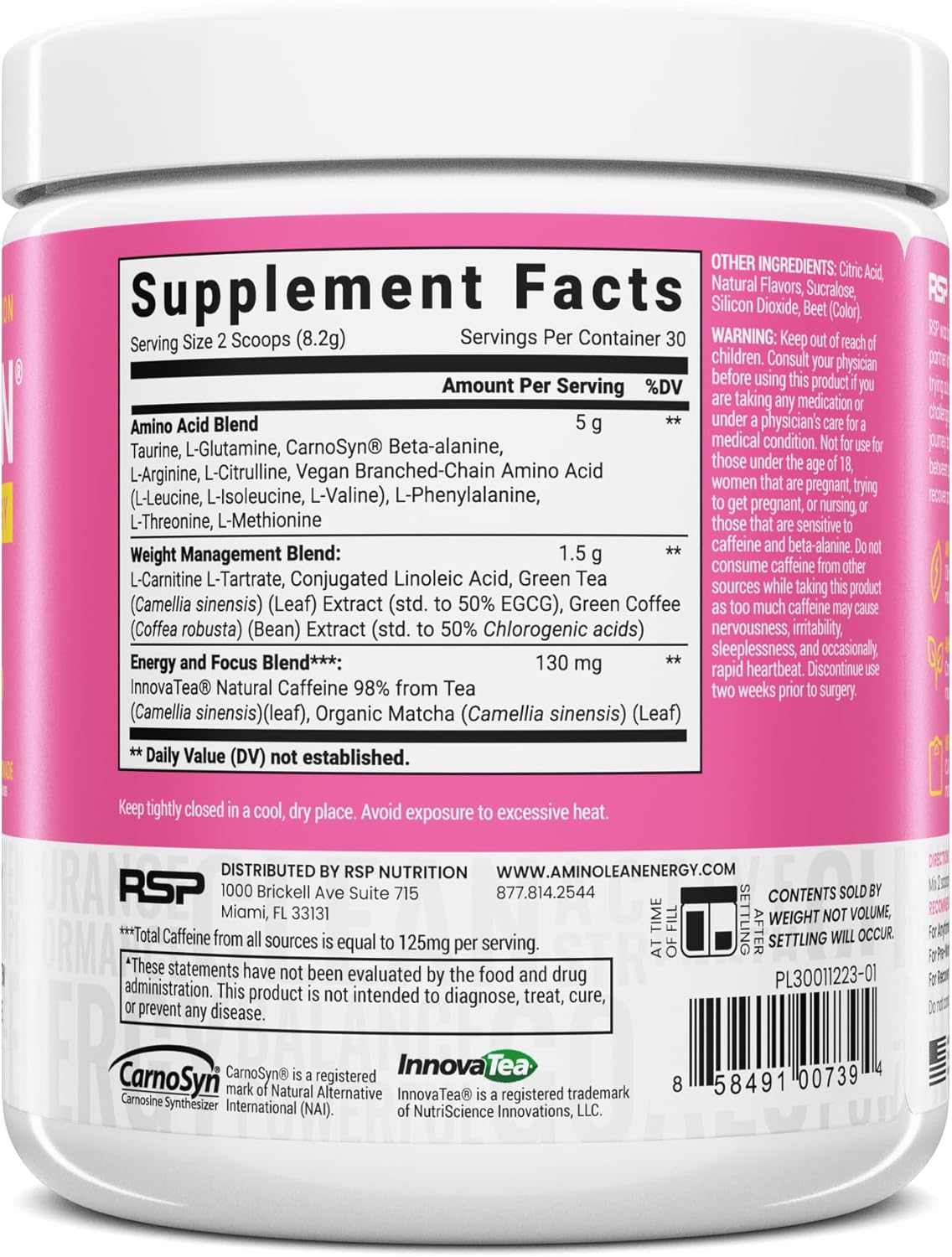 AminoLean Pre Workout Powder for Energy & Weight Management - Vegan BCAA Amino Acids, Natural Caffeine - Preworkout Boost for Men & Women - Pink Lemonade, 30 Servings