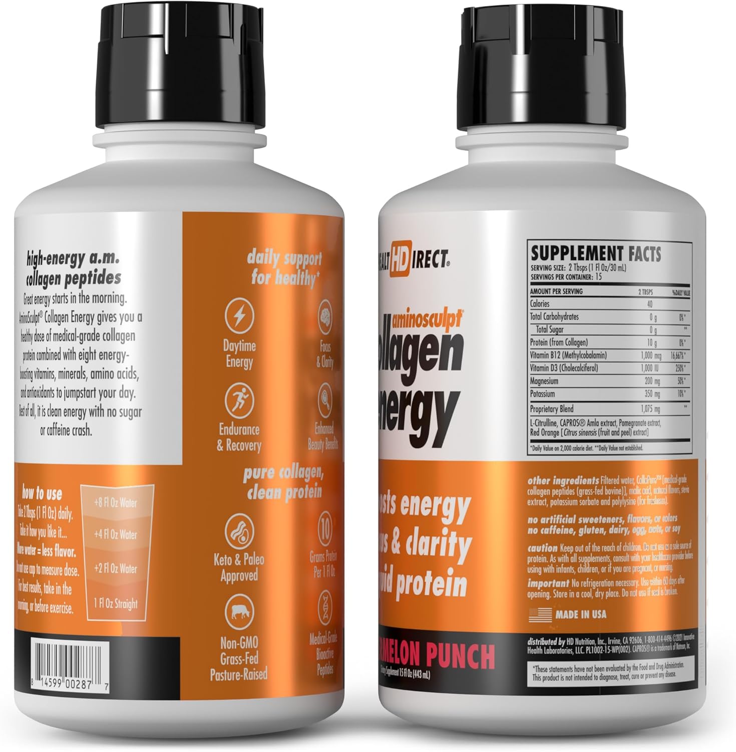 AminoSculpt Collagen Energy Drink, Watermelon Pomegranate Flavor - 15 fl oz Liquid