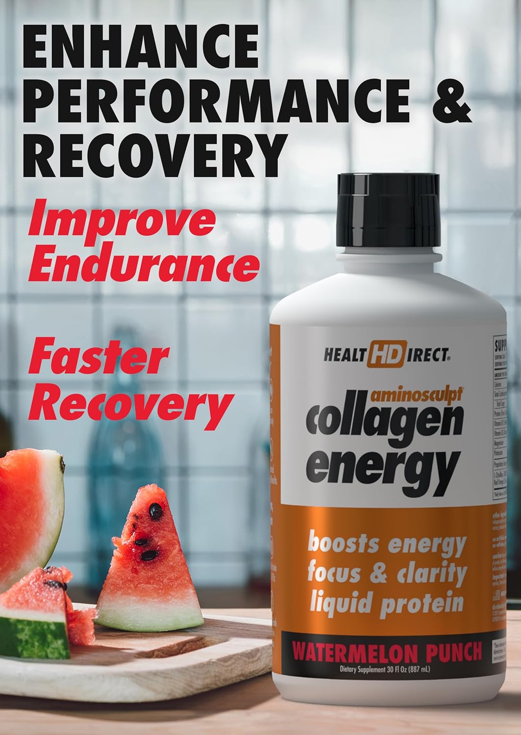 AminoSculpt Collagen Energy Drink, Watermelon Pomegranate Flavor - 15 fl oz Liquid