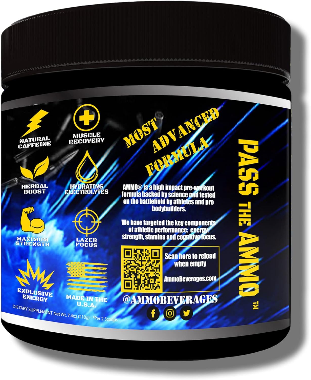 AMMO ® Energy Reloads™ Berry Blast Pre Workout Powder - Zero Sugar, 300mg Caffeine, Vital Aminos, Electrolytes - No Artificial Flavors/Colors