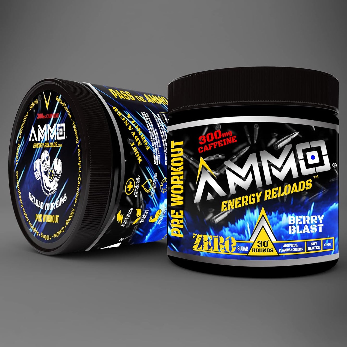 AMMO ® Energy Reloads™ Berry Blast Pre Workout Powder - Zero Sugar, 300mg Caffeine, Vital Aminos, Electrolytes - No Artificial Flavors/Colors