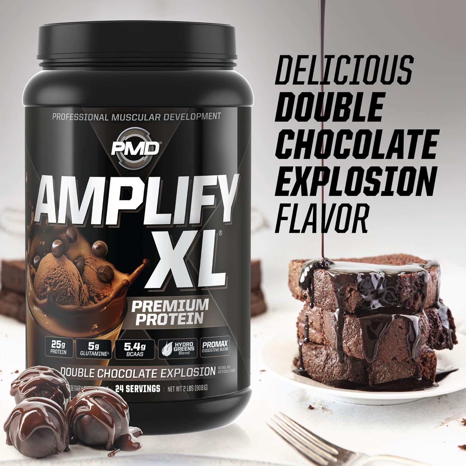 Amplify XL Premium Whey Protein Supplement with Glutamine, Superfood Blend for Muscle Recovery - Double Chocolate Explosion (24 Servings)