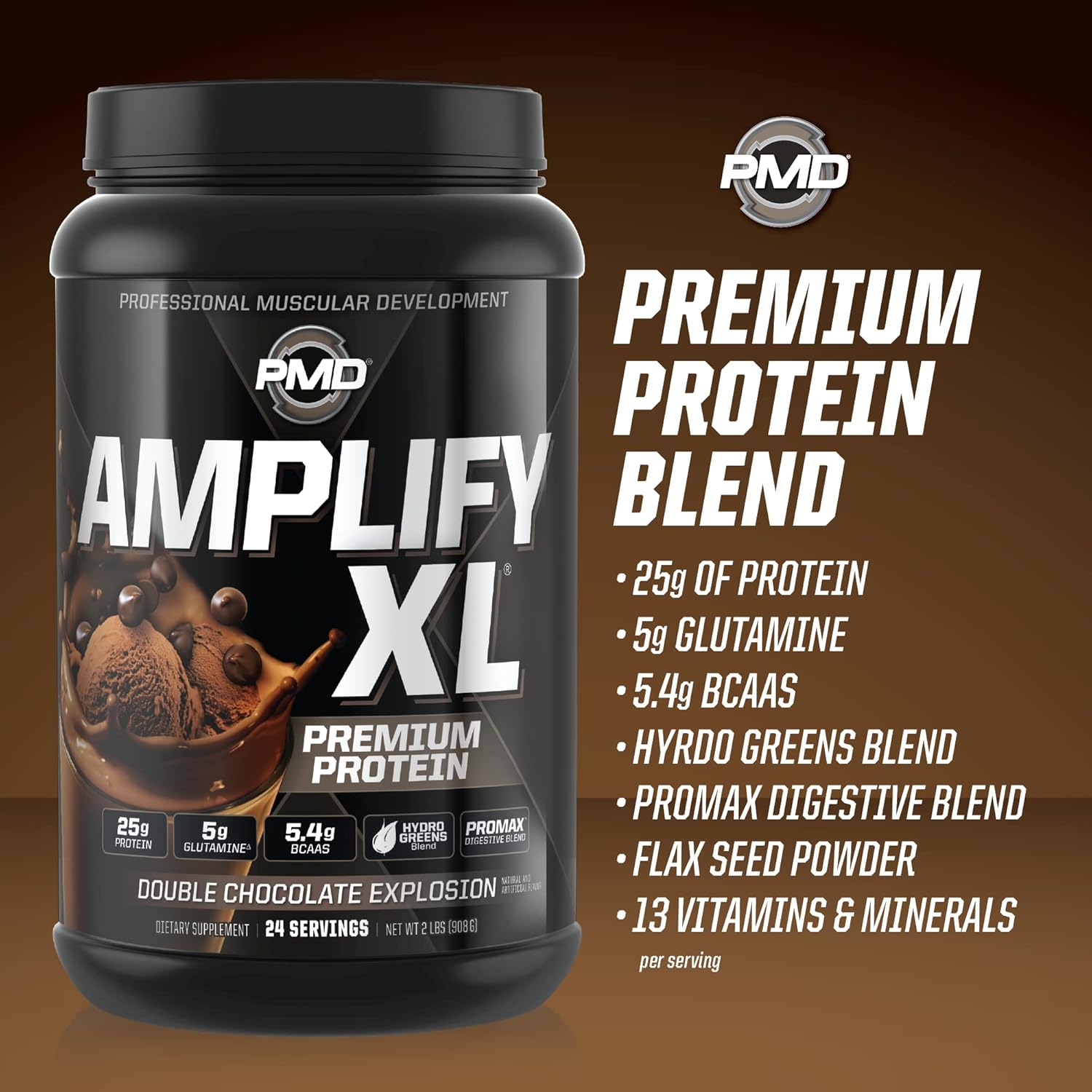 Amplify XL Premium Whey Protein Supplement with Glutamine, Superfood Blend for Muscle Recovery - Double Chocolate Explosion (24 Servings)