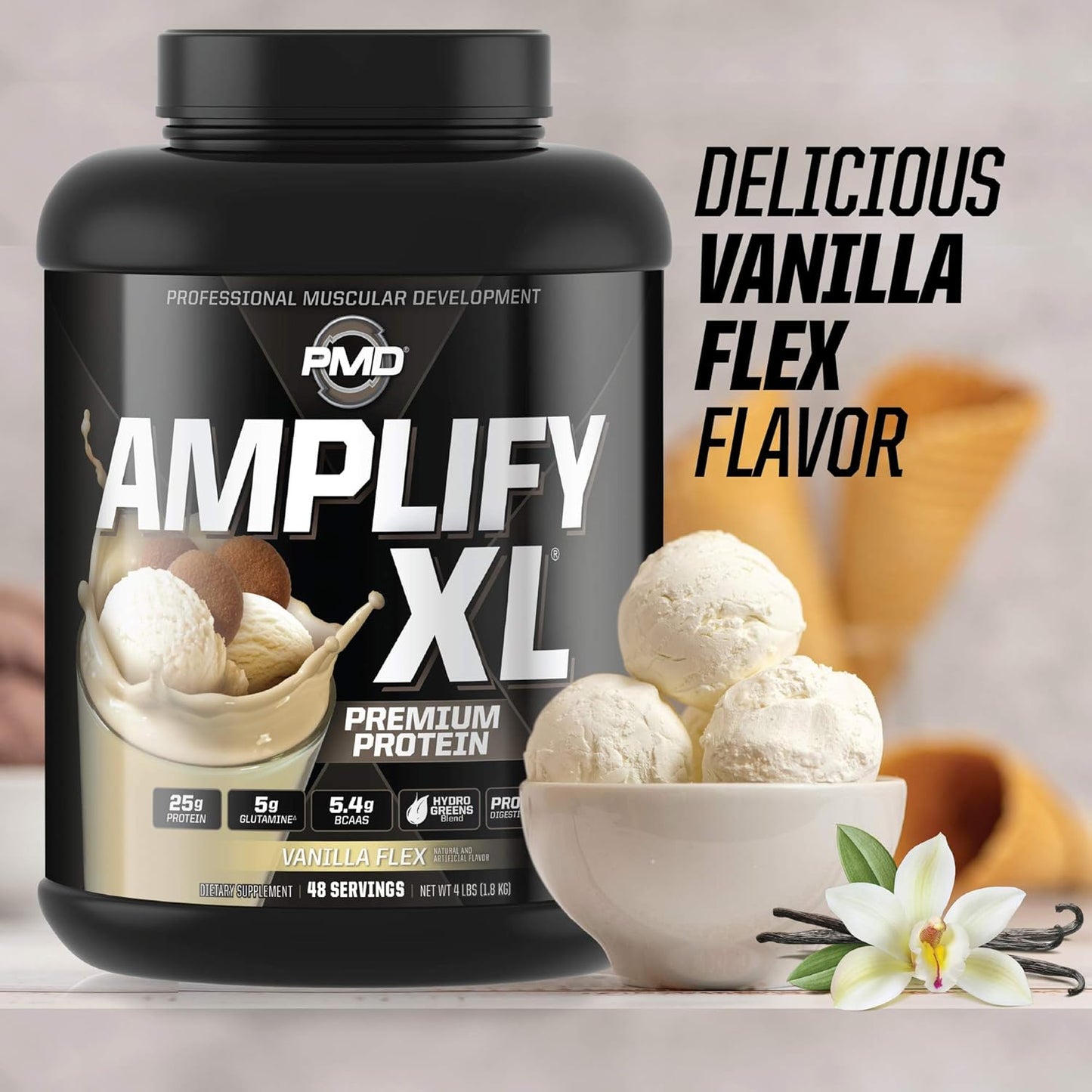 Amplify XL Premium Whey Protein Supplement with Hydro Greens Blend - Vanilla Flex (48 Servings)