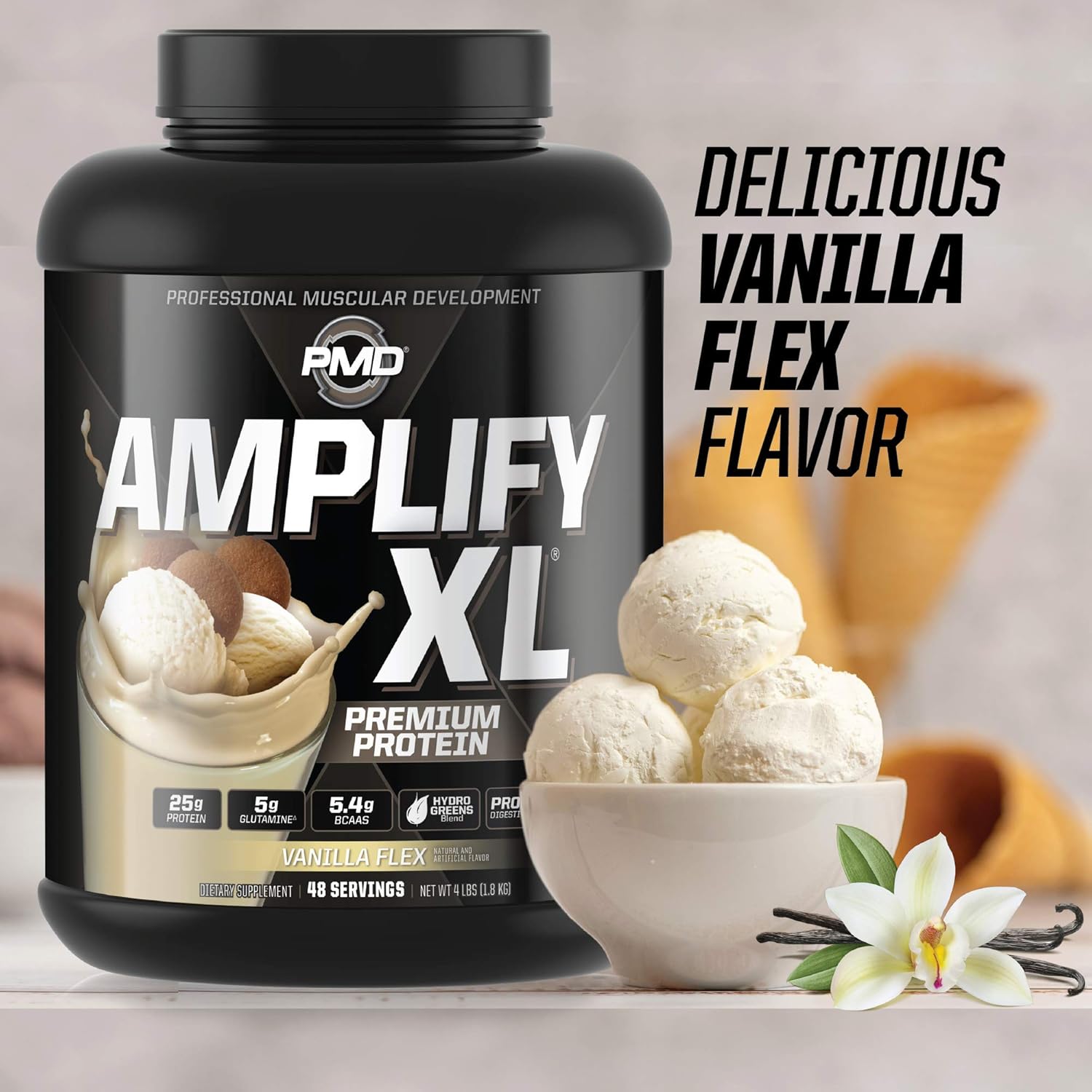 Amplify XL Premium Whey Protein Supplement with Hydro Greens Blend - Vanilla Flex (48 Servings)
