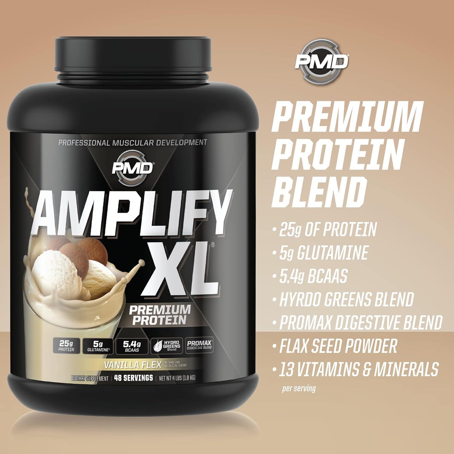 Amplify XL Premium Whey Protein Supplement with Hydro Greens Blend - Vanilla Flex (48 Servings)
