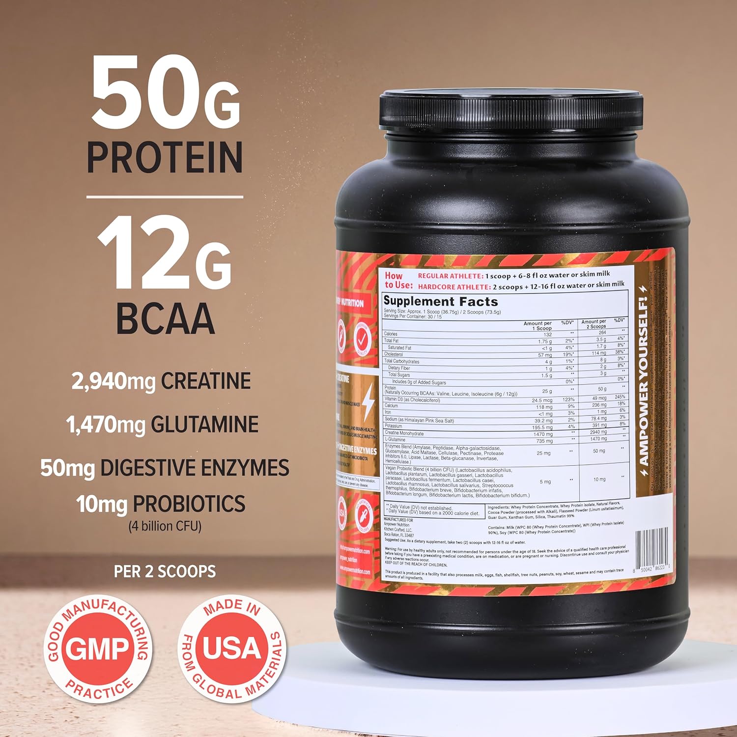 AMPOWER Rich Chocolate Whey Protein Powder with Muscle-Building Ingredients for Gut, Brain, and Immune Support - 38.9oz