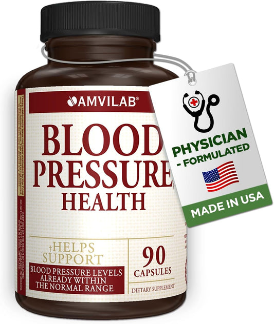AMVILAB Blood Pressure Support Capsules - Promotes Healthy Heart, Cholesterol, and Cardiovascular Function - Non-GMO & Gluten Free Dietary Supplement - 90 Count