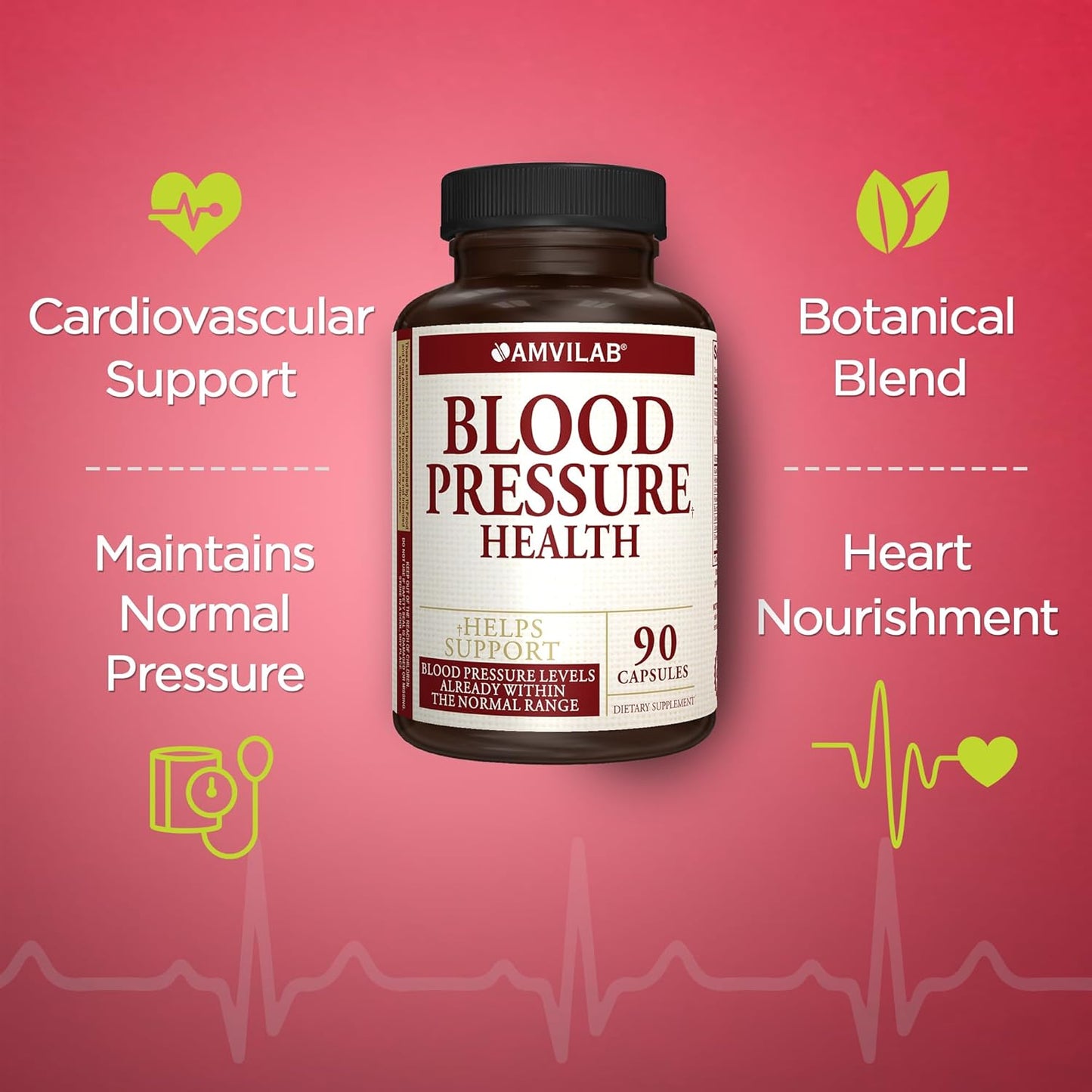 AMVILAB Blood Pressure Support Capsules - Promotes Healthy Heart, Cholesterol, and Cardiovascular Function - Non-GMO & Gluten Free Dietary Supplement - 90 Count