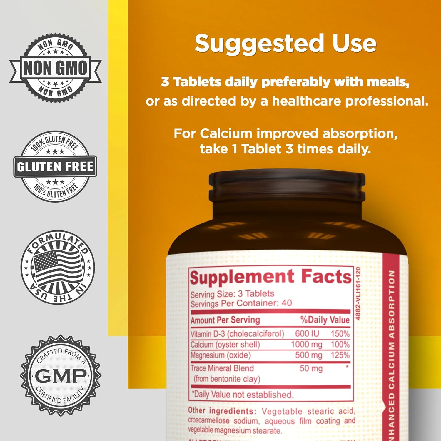 AMVILAB Bone Health Supplement with Calcium, Magnesium, and Vitamin D - 120 Count Bottle for Men & Women. Support Bone Density and Joint Health.