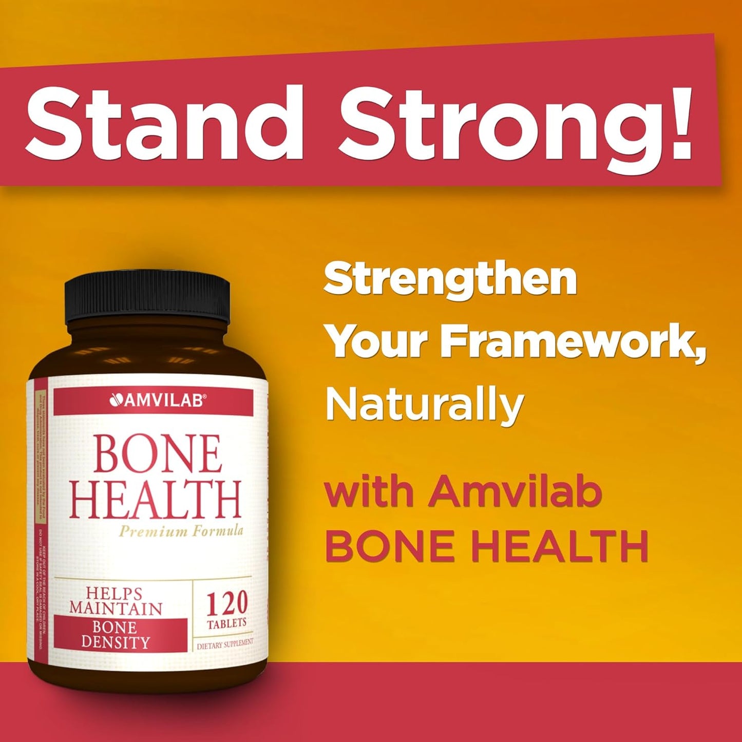 AMVILAB Bone Health Supplement with Calcium, Magnesium, and Vitamin D - 120 Count Bottle for Men & Women. Support Bone Density and Joint Health.