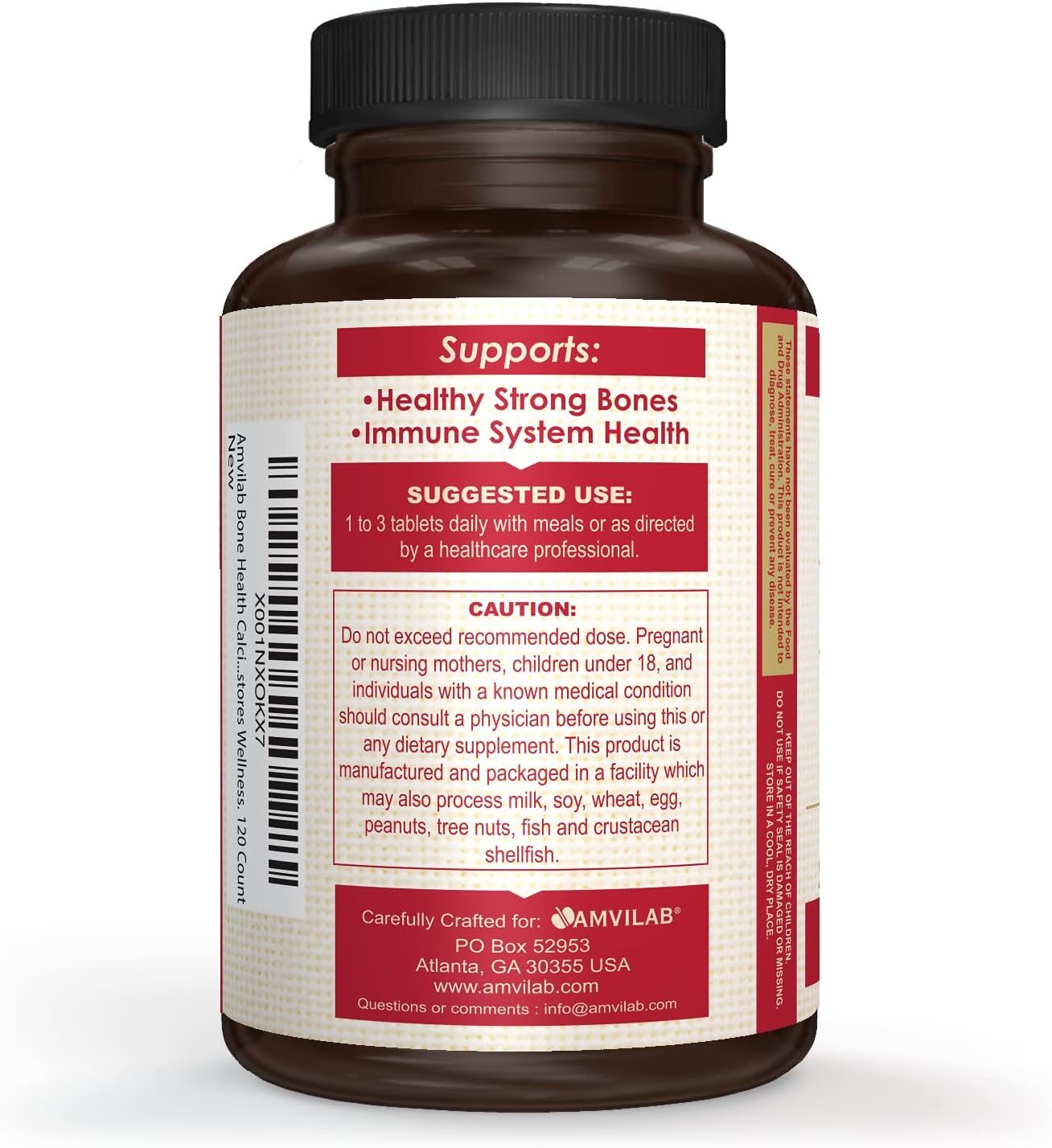 AMVILAB Bone Health Supplement with Calcium, Magnesium, and Vitamin D - 120 Count Bottle for Men & Women. Support Bone Density and Joint Health.