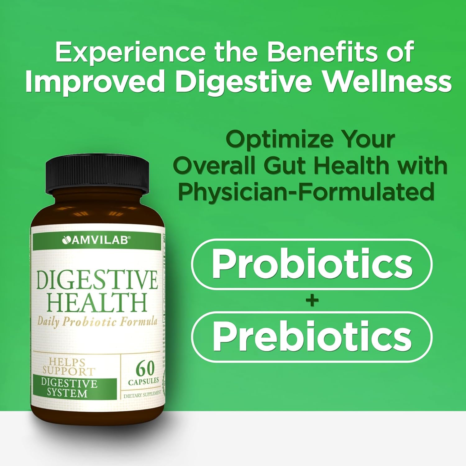 AMVILAB Daily Probiotic Supplement for Digestive Health - 7 Billion CFUs, 5 Essential Strains, Supports Intestinal and Immune Health - 60 Capsules