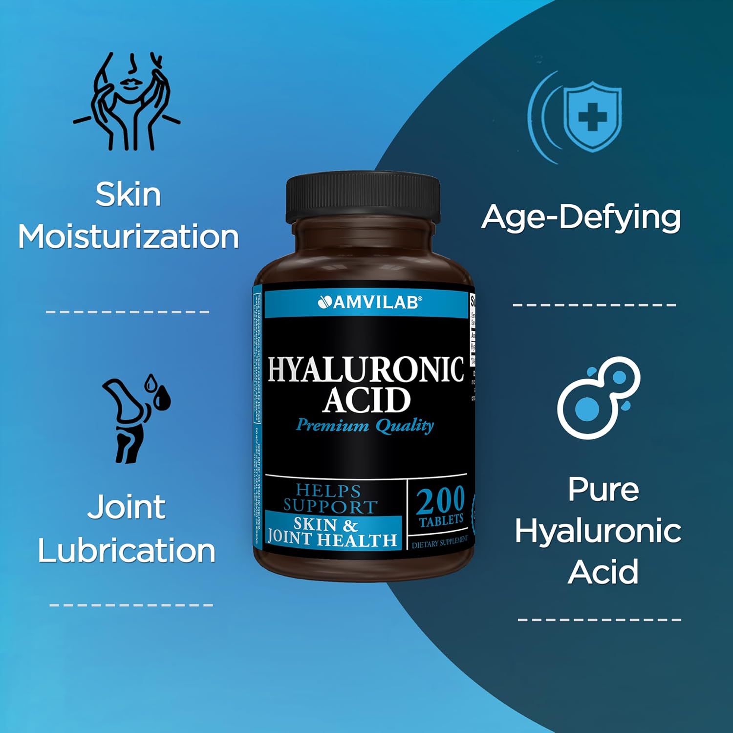 AMVILAB Hyaluronic Acid Tablets | 100 mg | Gluten Free & Non-GMO | 200 Supplement Capsules