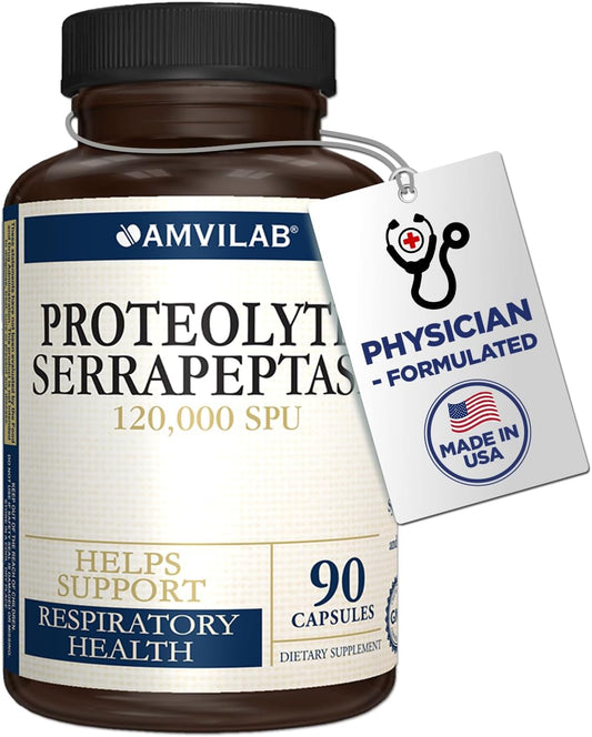 AMVILAB Proteolytic Serrapeptase Enzymes 120,000 SPU - Supports Circulation, Digestion, Respiratory & Sinus Health - Immune Support - Recovery Boost - 90 Capsules