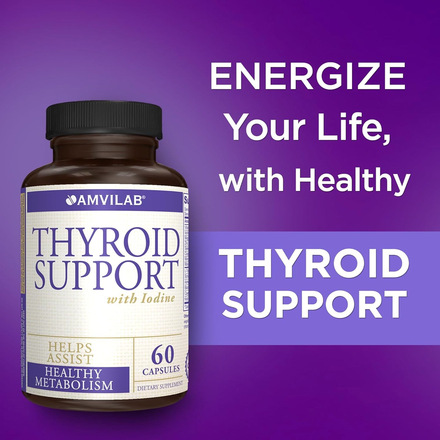 AMVILAB Thyroid Support Capsules with Iodine, Vitamin B12 & More Essential Ingredients for Metabolism, Energy & Cognitive Health - 60 Count