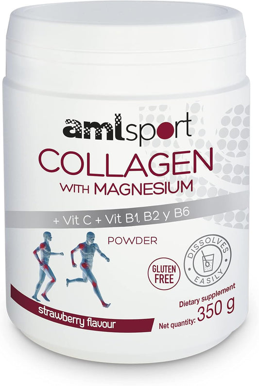 Ana María Lajusticia AML Sport Collagen Powder with Magnesium, Vitamin C, B1, B2, and B6 - 350g (Strawberry Flavour) - Tissue Regenerator - Gluten and Sugar Free