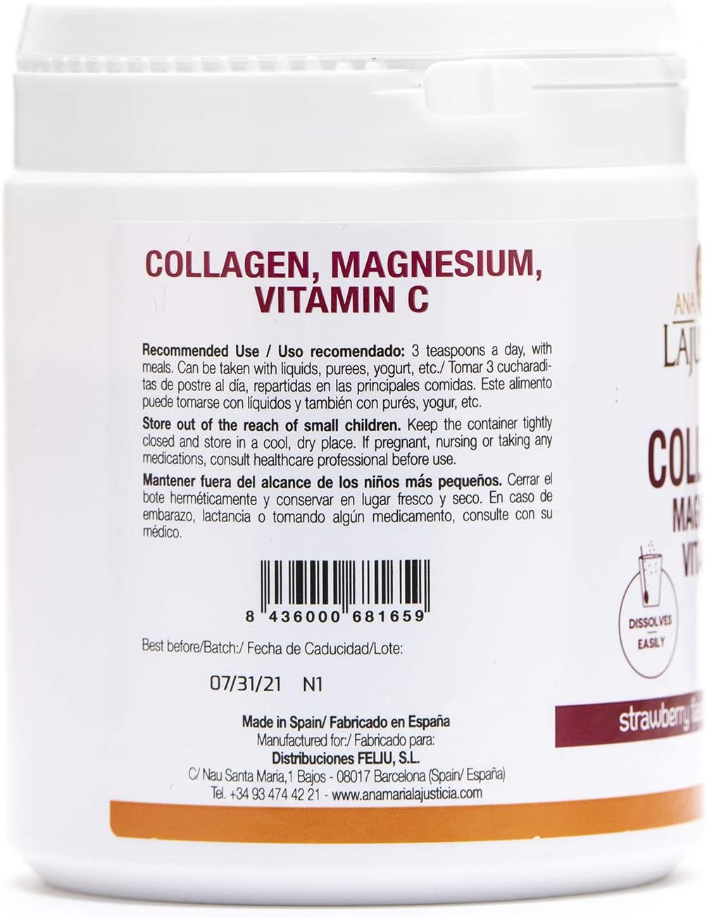 Ana María Lajusticia Collagen Powder with Magnesium and Vitamin C - Strawberry Flavour 350g | Promotes Healthy Skin, Hair, Nails, and Ligaments | Natural Energy Boost