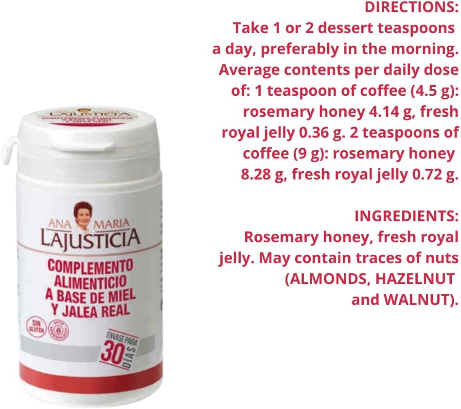 Ana Maria Lajusticia Royal Jelly with Honey 135g Supplement - Dairy & Gluten Free, Vegetarian Friendly for Vascular Health