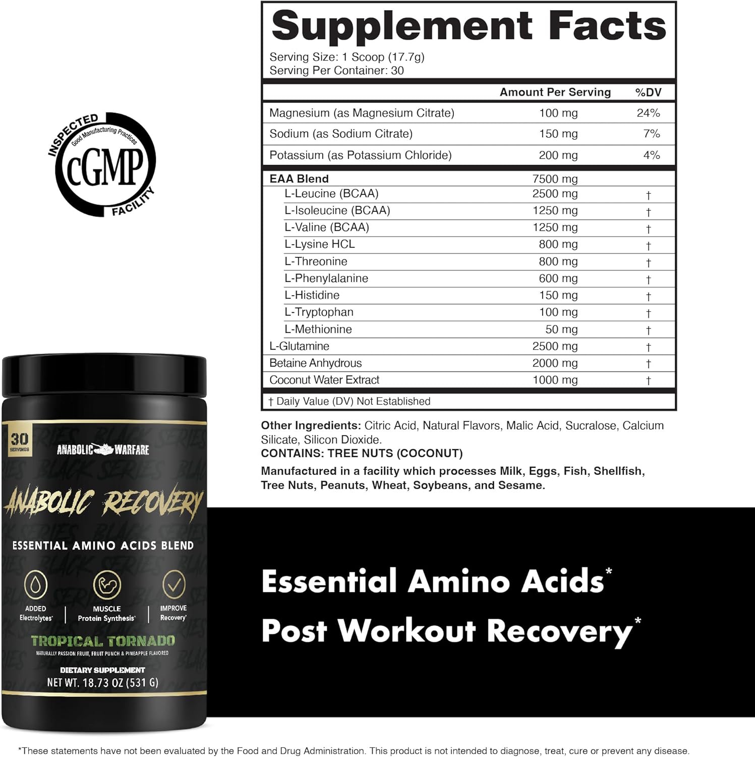 Anabolic Warfare Amino Acid Blend for Post-Workout Recovery & Muscle Building - Tropical Tornado Flavor, 30 Servings