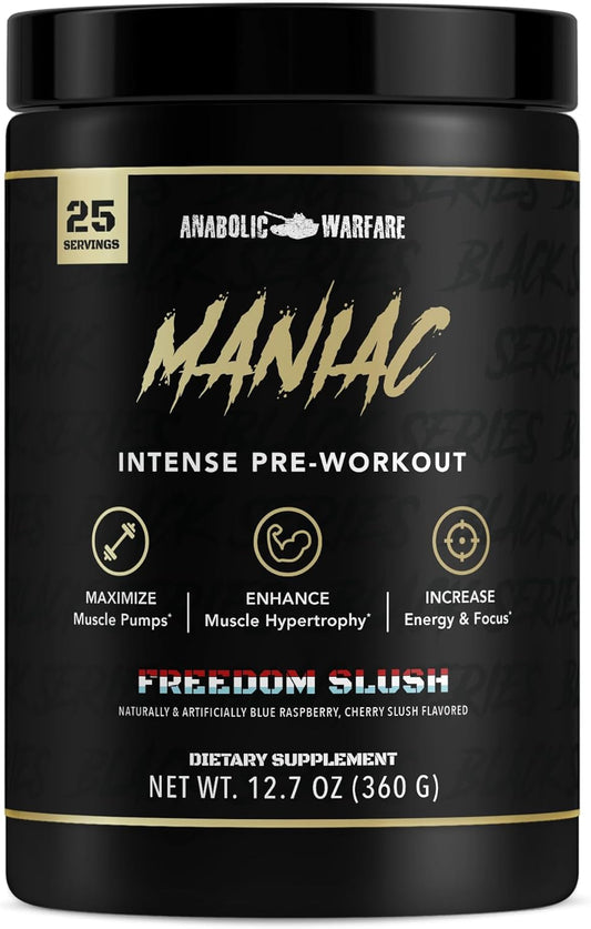Anabolic Warfare Black Series Maniac Pre-Workout Powder - Supports Nitric Oxide, Boosts Muscle Pumps, 20 Servings