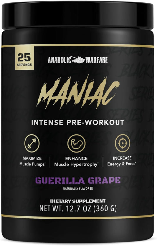 Anabolic Warfare Black Series Maniac Pre-Workout Powder - Guerilla Grape Flavor for Nitric Oxide and Muscle Pumps