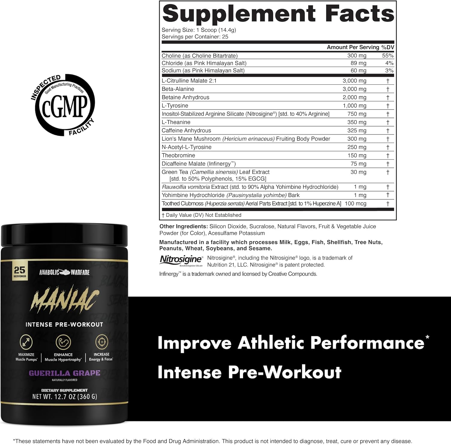 Anabolic Warfare Black Series Maniac Pre-Workout Powder - Guerilla Grape Flavor for Nitric Oxide and Muscle Pumps