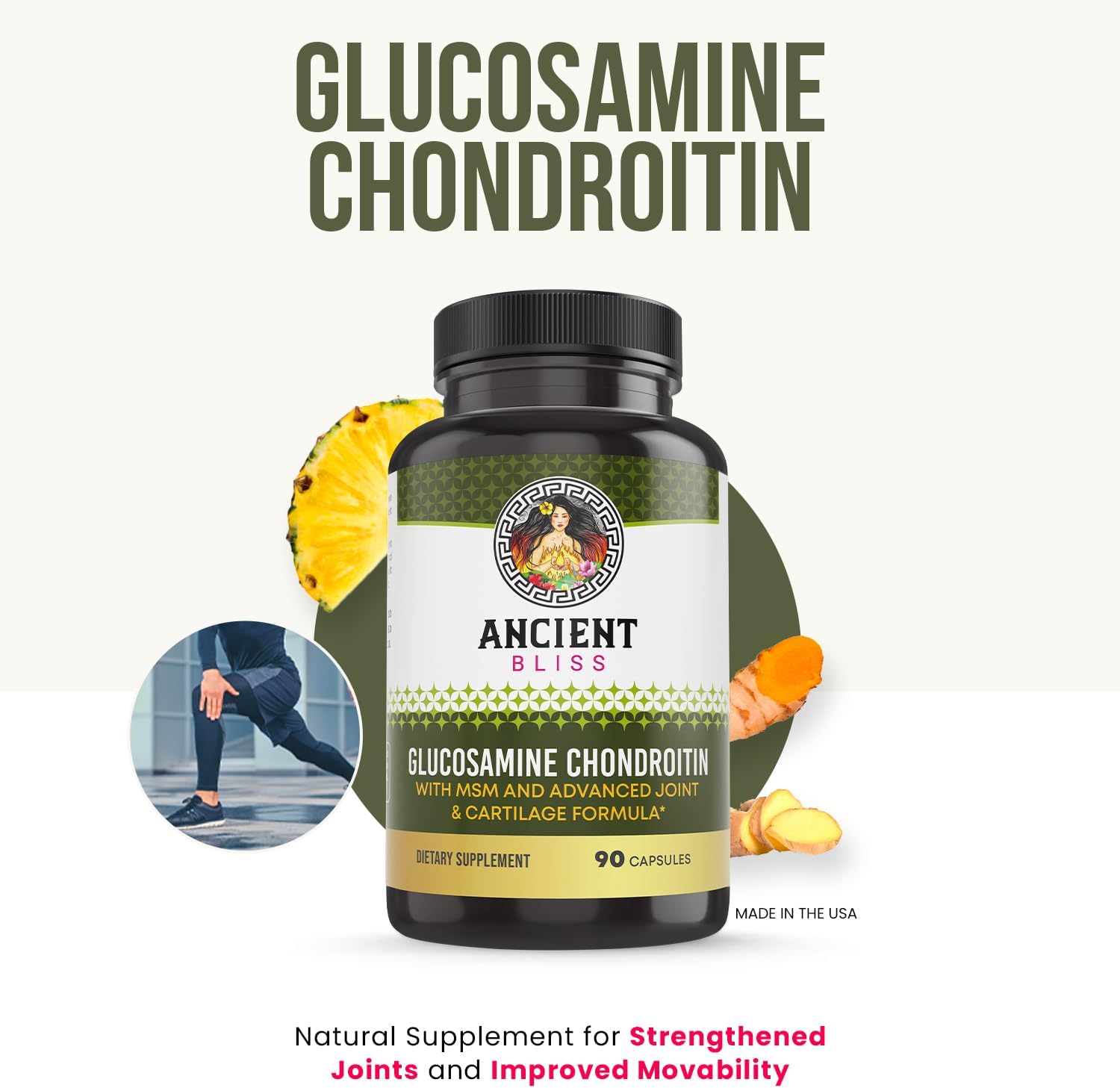 Ancient Bliss Joint Support Supplement with Glucosamine, Chondroitin, MSM for Men & Women - 90 Capsules