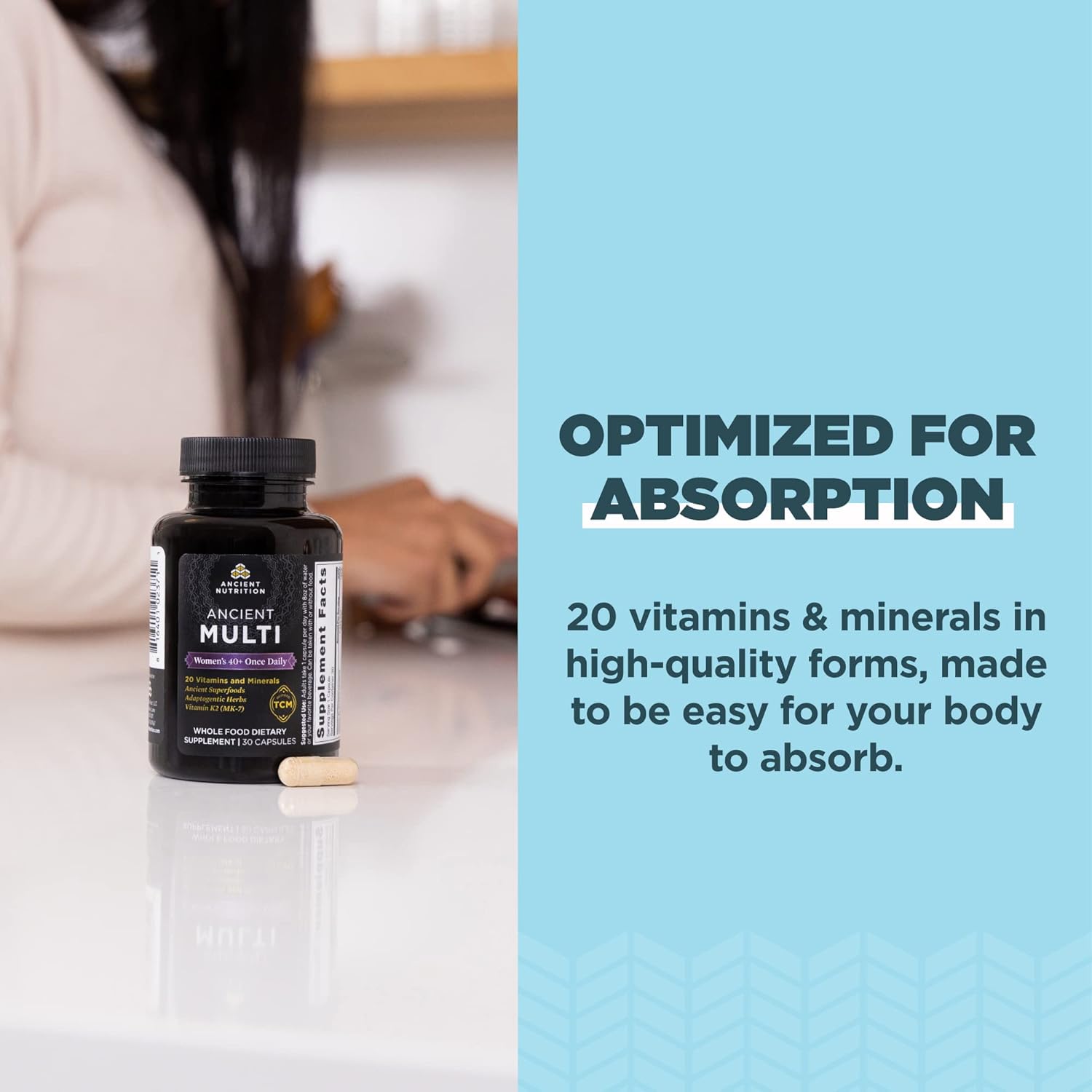 Ancient Multi Women's 40+ Once Daily Vitamin with Vitamin B, C, K2, Folate, Iron - Supports Bone Health - 30ct