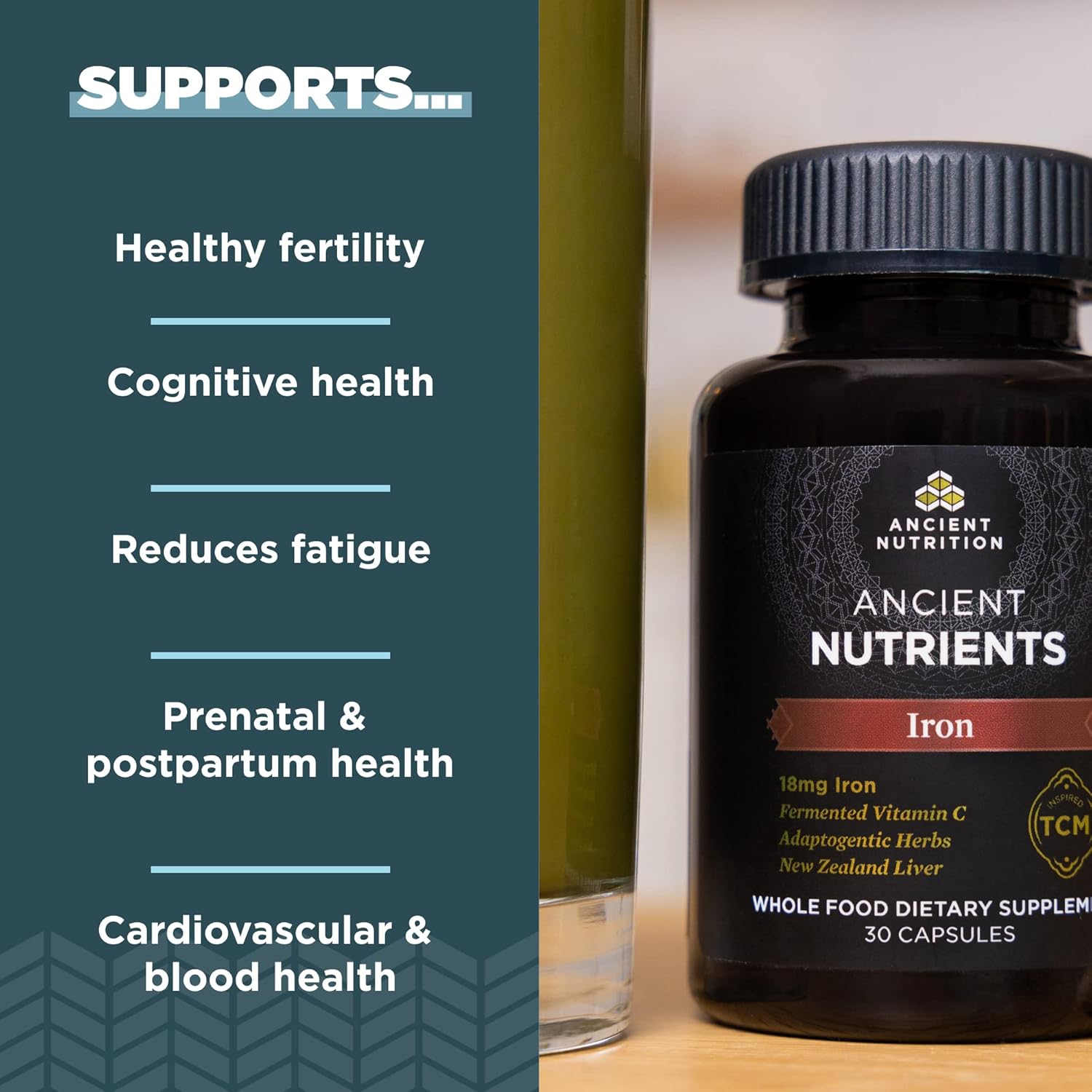 Ancient Nutrition Ancient Nutrients Iron Capsules - 18mg Iron, Adaptogenic Herbs, Enzyme Activated, Paleo & Keto Friendly