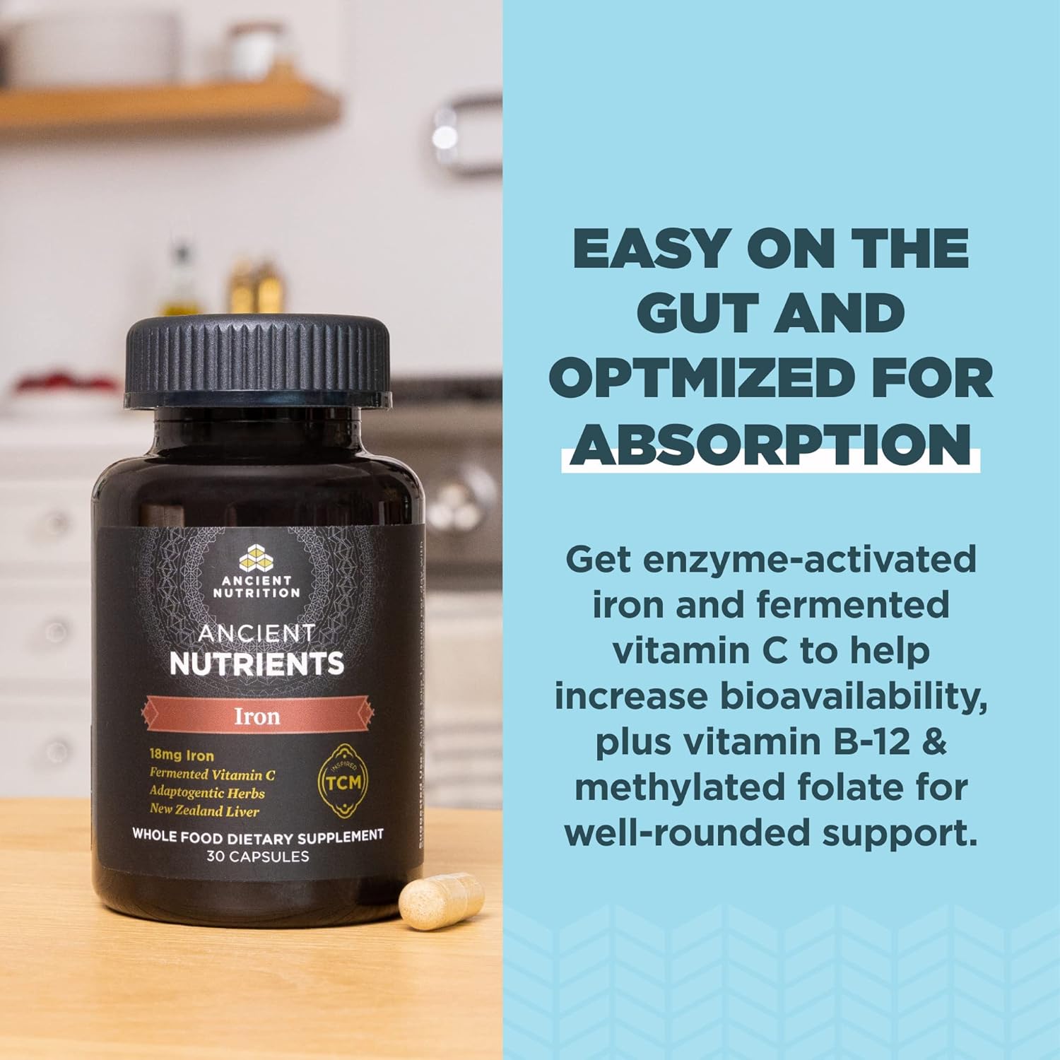Ancient Nutrition Ancient Nutrients Iron Capsules - 18mg Iron, Adaptogenic Herbs, Enzyme Activated, Paleo & Keto Friendly