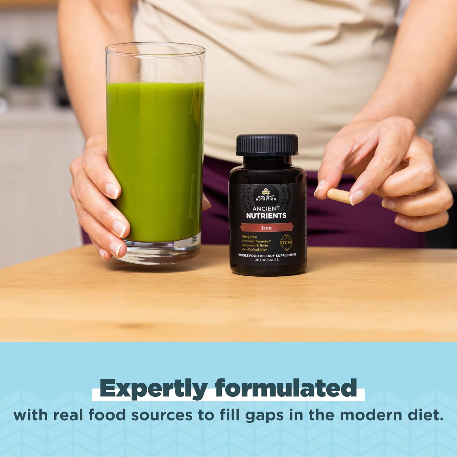Ancient Nutrition Ancient Nutrients Iron Capsules - 18mg Iron, Adaptogenic Herbs, Enzyme Activated, Paleo & Keto Friendly