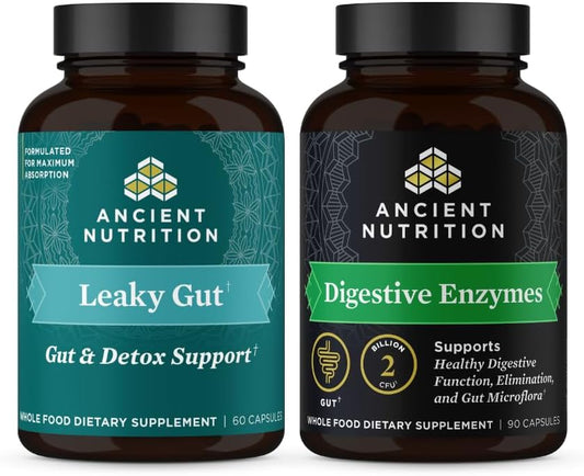 Ancient Nutrition Leaky Gut Capsules 60 Count with Digestive Enzymes 90 Count for Gut Health Support