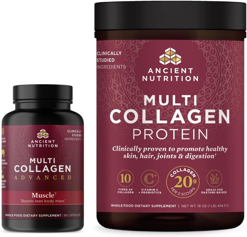 Ancient Nutrition Multi Collagen Bundle: Advanced Capsules for Muscle + Unflavored Protein Powder, 90 Count Capsules, 45 Servings Powder