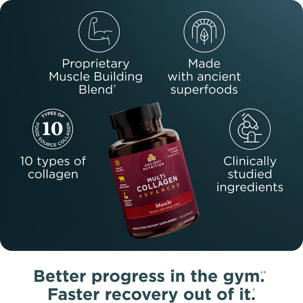 Ancient Nutrition Multi Collagen Bundle: Advanced Capsules for Muscle + Unflavored Protein Powder, 90 Count Capsules, 45 Servings Powder