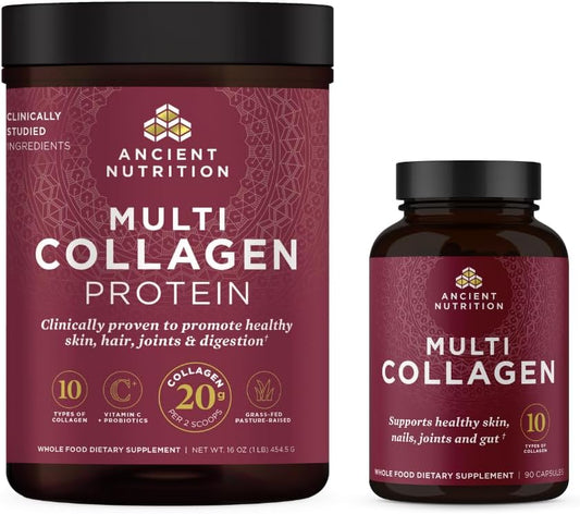 Ancient Nutrition Multi Collagen Bundle: Capsules (90 Count) + Protein Powder (Unflavored, 45 Servings)