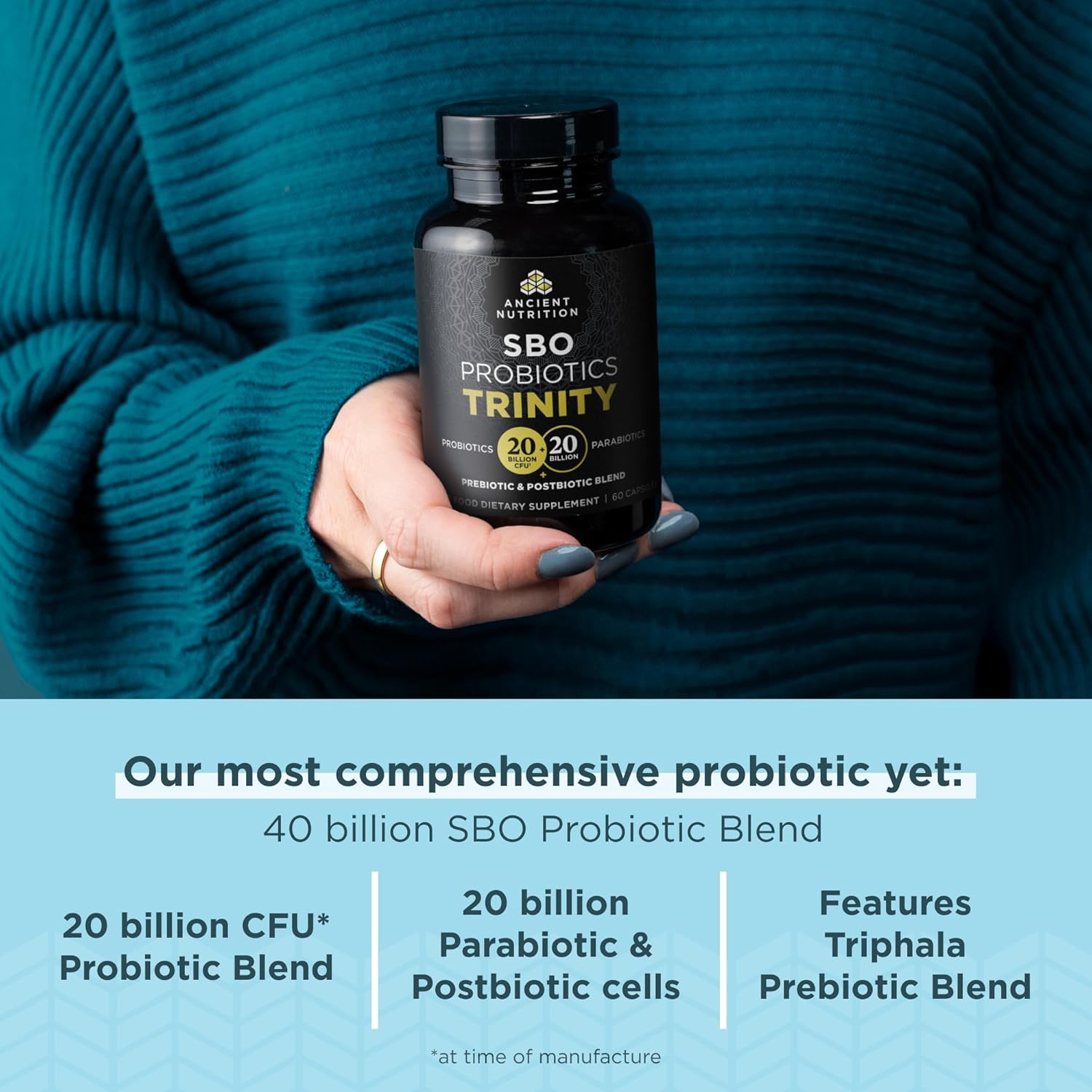 Ancient Nutrition SBO Probiotic Trinity Daily Care - 40 Billion Blend for Digestive Health - 60 Count