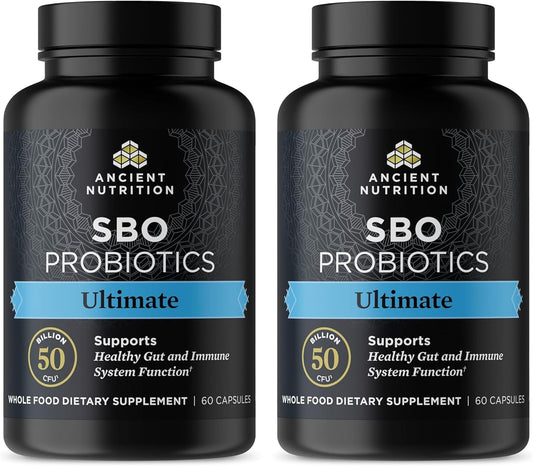 Ancient Nutrition SBO Probiotics Ultimate 50 Billion CFUs, Digestive & Immune Support, Gluten Free, Superfoods Blend - 60 Capsules (2 Pack)