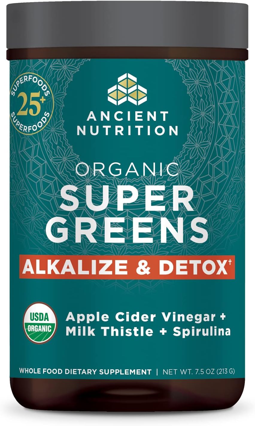 Ancient Nutrition Supergreens Alkalize & Detox Powder - Organic Superfood for Digestive & Energy Support, 25 Servings