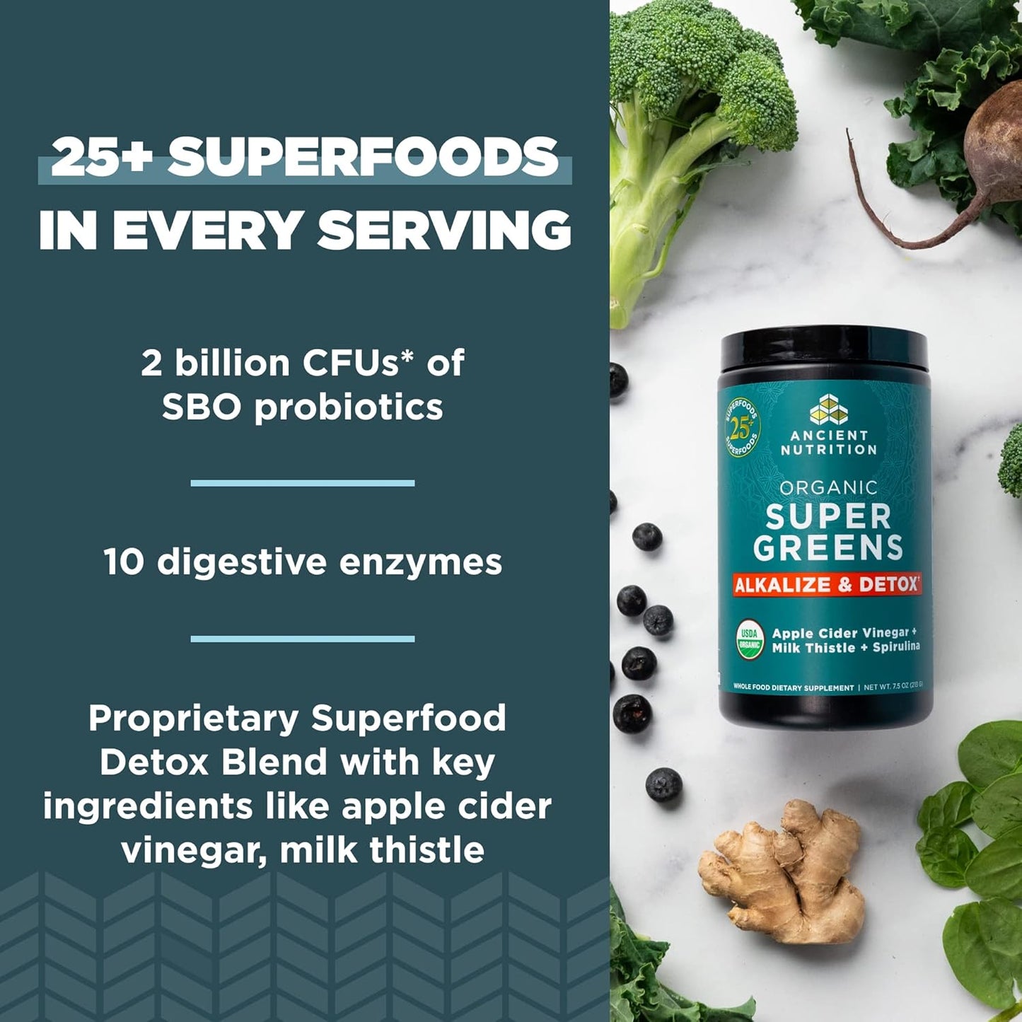 Ancient Nutrition Supergreens Alkalize & Detox Powder - Organic Superfood for Digestive & Energy Support, 25 Servings